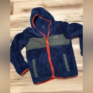 Boys Eddie Bauer fuzzy Cozy Navy Sherpa Hoodie with Orange Trim 10/12